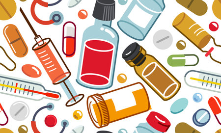 Medicine seamless background, vector medical pills and bottles tiling wallpaper, drugstore and pharma endless pattern, elements easy to use separately as icons or illustrations.のイラスト素材