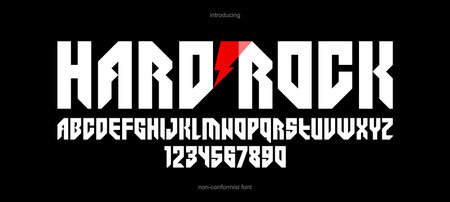 Bold and massive heavy geometric font for logo creation, modern geometrical vector display typeface, typography with no round elements, only corners and straight lines geometry.のイラスト素材