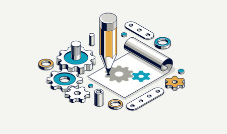 Mechanical engineering project concept, engine draft plan drawing, technical scheme blueprint, paper sheet with gears and pencil 3D isometric vector illustration, repair tutorial.のイラスト素材