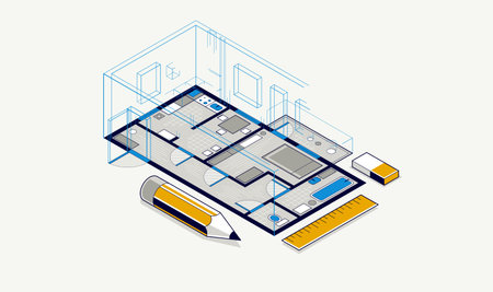Flat plan drawing with pencil, floorplan house residential or apartment blueprint implementation, 3D isometric vector illustration, interior design project house construction illustration.のイラスト素材