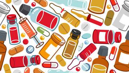 Medicine seamless background, vector drugstore and pharmacology endless wallpaper, medical pills and bottles and ampules apothecary tiling pattern, elements easy to use separately.のイラスト素材
