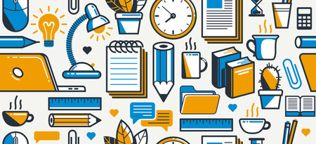 Office or remote work seamless background, PC and papers job workplace desk vector endless wallpaper, all elements easy to use separately as an icons or illustrations.のイラスト素材