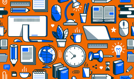 Office or remote work seamless background, PC and papers job workplace desk vector endless wallpaper, all elements easy to use separately as an icons or illustrations.のイラスト素材