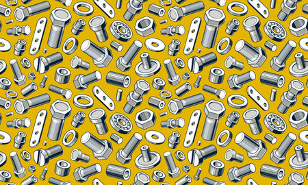 Bolts and nuts seamless background, repair and maintenance workshop tiling wallpaper, mechanic technics service endless pattern, elements easy to use separately.のイラスト素材