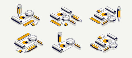 Engineering project concept, paper document blueprint with pencil engineer work job vector 3D...