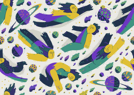 Dreamers conceptual seamless background, illustrative vector people flying among the planets in...