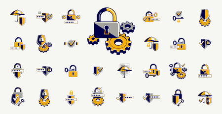 Safety and security vector detailed icons set, account privacy and antivirus, protected personal...