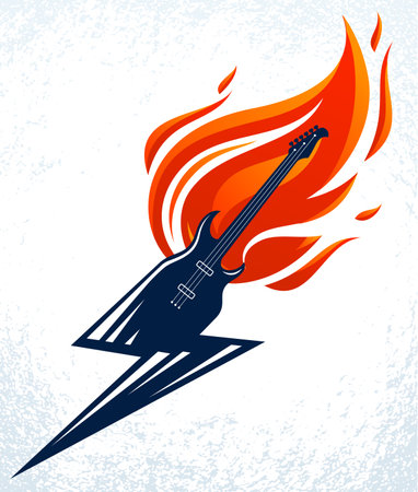 Electric guitar on fire in a shape of lightning, hot rock music guitar in flames and bolt, Hard Rock or Rock and Roll concert or festival label, night club live show, vector logo or emblem.のイラスト素材