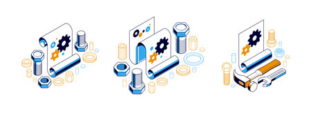 Mechanical engineering project in implementation concept set, engine draft plan drawing and work process, paper sheet with gears and tools 3D isometric vector illustration, repair tutorial.のイラスト素材