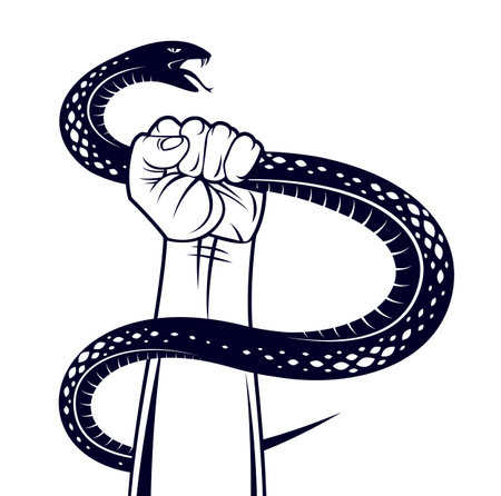 Hand squeezes a snake, fight against evil, control your dark side, internal conflict, archetype shadow, life is a fight concept, vintage vector logo or tattoo.のイラスト素材