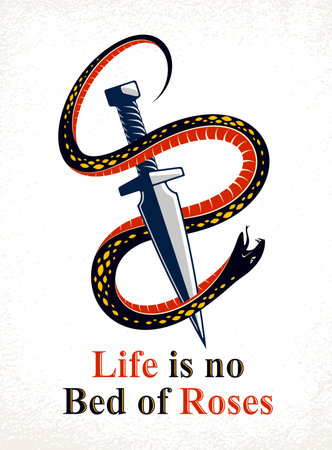 Dagger kills a Snake, defeated Serpent wraps around a sword vector vintage tattoo, Life is a Fight concept, allegorical logo or emblem of ancient symbol.のイラスト素材