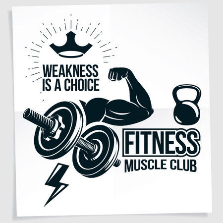 Weightlifting club promotion flyer. Vector composition created using athletic sportsman biceps arm with disc weight dumbbell and kettle bell sport equipment. Weakness is a choice lettering.のイラスト素材