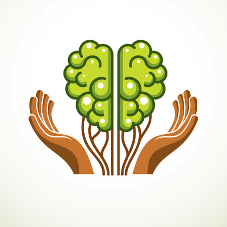 Tree Brain concept, the wisdom of nature, intelligent evolution. Human anatomical brain in a shape of green tree with tender careful hands. Vector logo or icon design.のイラスト素材