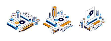 Mechanical engineering project concept set, engine draft plan drawing, technical scheme blueprint, paper sheet with gears pencil and tools 3D isometric vector illustration, repair tutorial.のイラスト素材