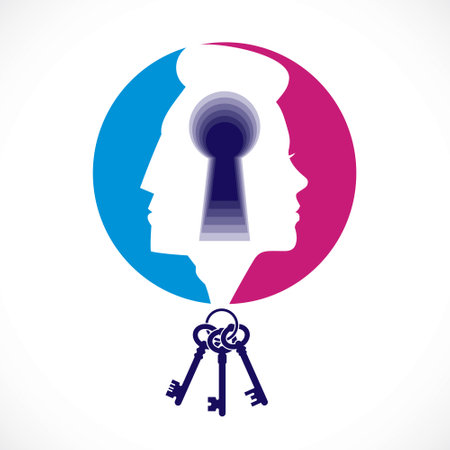 Gender psychology concept created with man and woman heads profiles and keyhole with key of understanding, vector logo or illustration of relationship problems and conflicts in family and society.のイラスト素材