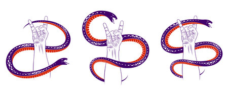 Rock hand sign with aggressive snake set, hot music Rock and Roll gesture and serpent, Hard Rock...