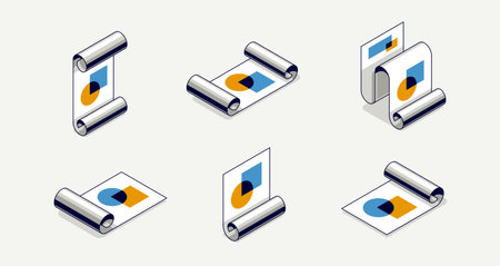 Engineering project concept set, paper document blueprint engineer work job vector 3D isometric illustration, abstract plan drawing, cad scheme icon.のイラスト素材
