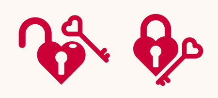 Heart shaped padlock vector logo or icon, lock and turnkey love theme in a shape of heart open or closed emotions, secret feelings concept, Valentine theme.のイラスト素材