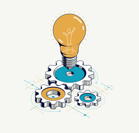 Engineering idea concept, innovation, invention and solution metaphor, light bulb with gears vector 3D isometric illustration, mechanical engine works.のイラスト素材