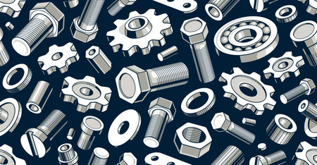 Modification, invention and solution theme seamless background, vector engineering endless wallpaper, bolts and gears tiling pattern, elements easy to use separately.のイラスト素材