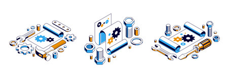 Mechanical engineering project in implementation concept set, engine draft plan drawing and work...