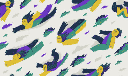 Dreamers conceptual seamless background, illustrative vector people flying among the clouds, freedom of imagination relaxed levitation, tranquil and hypnotic emotions.のイラスト素材