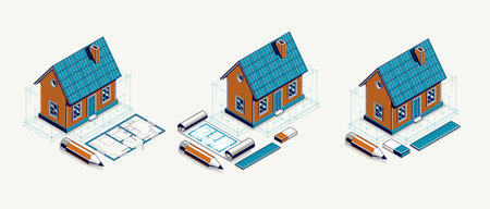House project concept set, 3D isometric vector illustration of a small house and blueprint building...