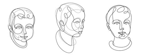 Portrait of a young child boy linear vector monochrome illustrations set isolated, toddler kid...