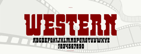 Massive serif font in American style, wild west saloon and western vector typography for logo creation, bold typeface in vintage America style, display font for posters and headlines.のイラスト素材