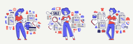 Shopping and discount vector outline illustration set, store worker managing goods or customer have...
