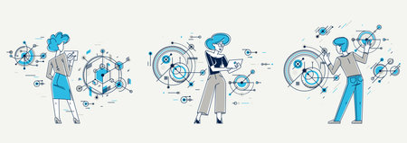 Mechanic engineer working on a draft plan vector illustration set, inventor or repair job, engineering machine industry, system technician.のイラスト素材