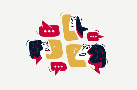 Group of young people having a discussion online via messenger, vector illustration of remote team...