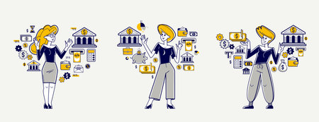 Business person analyzing and organizing financial deals vector outline illustration set, entrepreneur company leader working on some commercial project.のイラスト素材