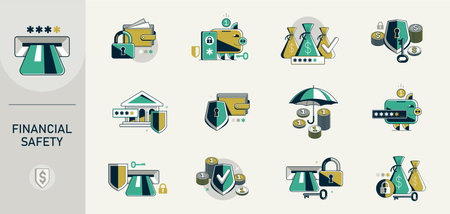 Financial safety vector detailed icons set, secured account and transaction, protected finance money.のイラスト素材