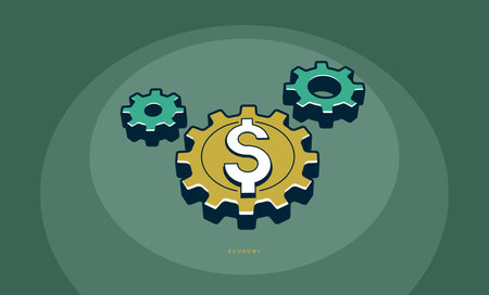 Economic system concept poster, gears with dollar sign vector icon style illustration, economical processes metaphor, money circulation, business.のイラスト素材
