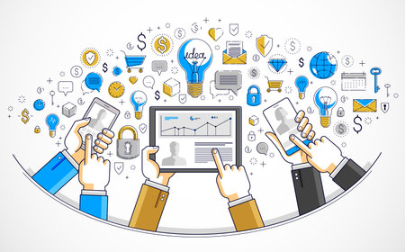 Internet teamwork online team is working and having conference using gadgets and apps, businessmen hands with phones and tablet, vector illustration.のイラスト素材