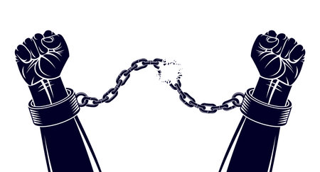 Slavery theme illustration with strong hand clenched fist fighting for freedom against chain, vector...