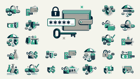Safety of finances vector detailed icons set, financial risk, secured savings, protected bank account, insurance and privacy protection.のイラスト素材