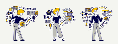 Music producer composing new track vector outline illustration set, sound engineer doing his job in...
