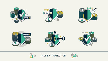 Financial safety vector detailed icons set, shield and money composition, secured bank account, safe private finances.のイラスト素材