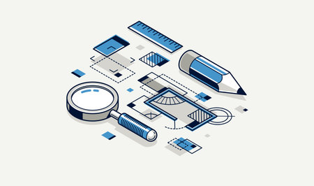 Engineer at work concept, engineering job, paper document blueprint engineering vector 3D isometric...