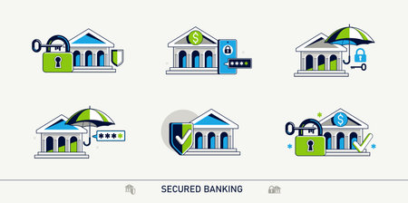 Secured banking vector detailed icons set, deposit money savings protection, financial risk and safety, account protect.のイラスト素材