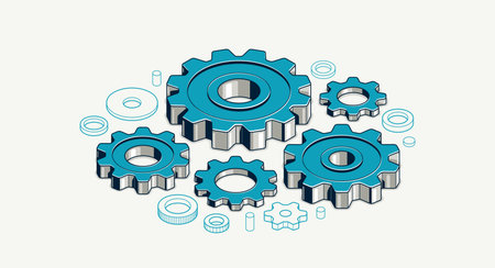Mechanical engineering concept, gears and cogs composition isometric 3D vector illustration,...