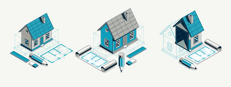 House project concept set, 3D isometric vector illustration of a small house and blueprint building project, construction architectural model, residential family small house.のイラスト素材