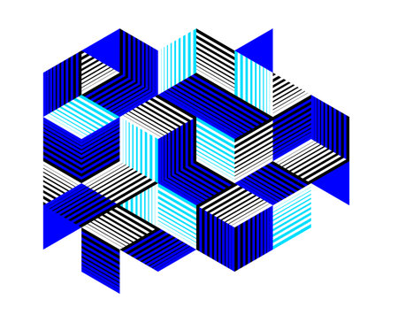 Isometric 3D cubes vector abstract geometric background, abstraction art polygonal graphic design wallpaper, cubic shapes and forms composition lowpoly style.のイラスト素材