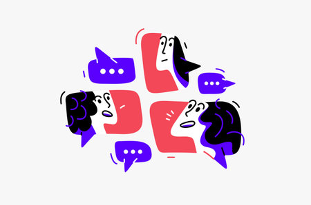 Group of young people having a discussion online via messenger, vector illustration of remote team in a conversation or brainstorm, business and work or webinar.のイラスト素材