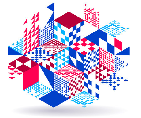 Abstract vector wallpaper with 3D isometric cubes blocks, geometric construction with blocks shapes and forms, cubic polygonal low poly theme.のイラスト素材