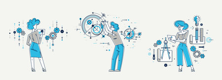 Mechanic engineer working on a draft plan vector illustration set, inventor or repair job, engineering machine industry, system technician.のイラスト素材