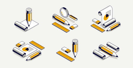 Engineering project concept, paper document blueprint with pencil engineer work job vector 3D...