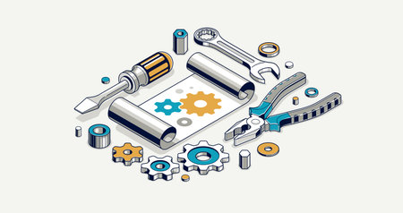 Mechanical engineering project in embodiment implementation concept, engine draft plan drawing and work process, paper sheet with gears and tools 3D isometric vector illustration, repair tutorial.のイラスト素材